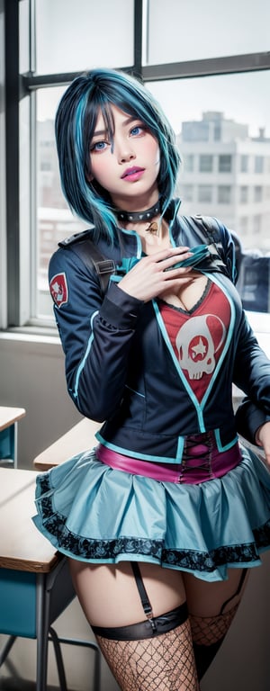 gracedecker, two toned dyed blue hair, exercise jacket, frilled skirt, (skull symbol), t-shirt, studded choker, punk, realhands, goth, ( torn fishnet stockings:0.7), sultry, college classroom, desk