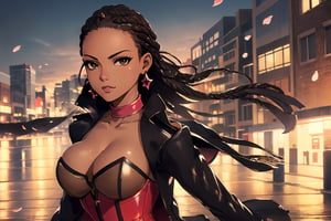 beautiful (African) ZoeyMorningstar, leather jacket, corset, smug, masterpiece, ultra-detailed, finely detailed, beautiful detailed eyes, sharp-focus, epic, upper_body, background is city skyline,horizon,wind blowing,petals blowing, brown eyes, brown skin, (hair braids)