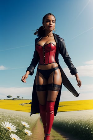 background is flower field,horizon,wind blowing,petals blowing, beautiful Brazilian African ZoeyMorningstar, leather jacket, corset, smug, walking on flower field, wind blowing trenchcoat, realhands, masterpiece, Best Quality, 16k, ultra-detailed, finely detailed, high resolution, perfect dynamic composition, beautiful detailed eyes, sharp-focus, epic, from below