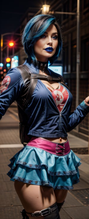  beautiful and aesthetic, high contrast, bokeh:1.2, cinematic lighting, ambient lighting, sidelighting, cinematic shot, gracedecker, two toned dyed blue hair, exercise jacket, frilled skirt, skull symbol,( t-shirt),, studded choker, mad, angry, scolding, , punk, realhands, goth, dancing, ( torn fishnet stockings:0.5), hand on hips, energy 