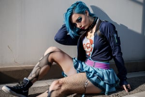  beautiful and aesthetic, high contrast, bokeh:1.2, lens flare, cinematic lighting, ambient lighting, sidelighting, cinematic shot, gracedecker, two toned dyed blue hair, exercise jacket, frilled skirt, skull symbol,( t-shirt), ( torn fishnet leggings:0.8), studded choker, sitting on the ground in a corner, sad, bored, , punk, airpods, realhands, goth, hugging knees,