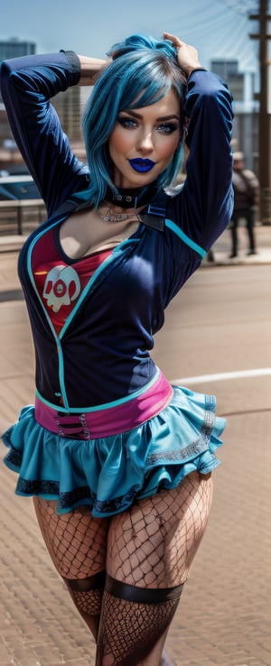  beautiful and aesthetic, high contrast, bokeh:1.2, cinematic lighting, ambient lighting, sidelighting, cinematic shot, gracedecker, two toned dyed blue hair, exercise jacket, frilled skirt, skull symbol,( t-shirt),, studded choker, happy, excited, , punk, from below, realhands, goth, dancing, torn fishnet stockings, arms up, energy 