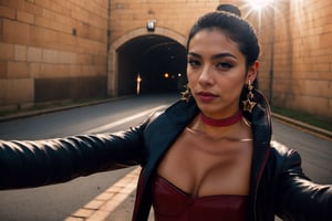 beautiful latino lilianmorningstar, latex choker, leather trenchcoat, croptop , confident, star earrings, cinematic lightning, lens flare, hair braids, tunnel, selfie