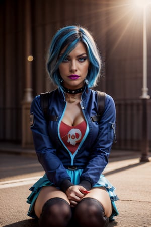  beautiful and aesthetic, high contrast, bokeh:1.2, lens flare, cinematic lighting, ambient lighting, sidelighting, cinematic shot, gracedecker, two toned dyed blue hair, exercise jacket, frilled skirt, skull symbol,( t-shirt),, studded choker, sitting on the ground, sad, bored, , punk, realhands, goth, photoshop, close up, hugging knees,