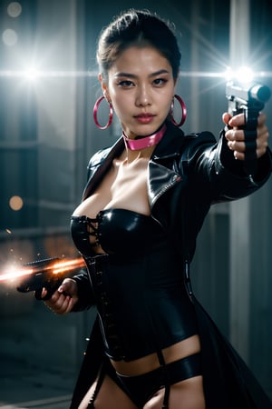 beautiful Asian Claramorningstar, latex choker, leather jacket trenchcoat, stripe corset, updo hair, confident, hoop earrings, holding a xuer pistol, cinematic lightning, action pose, weapon, lens flare, portrait