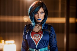  beautiful and aesthetic, high contrast, bokeh:1.2, lens flare, cinematic lighting, ambient lighting, sidelighting, cinematic shot, gracedecker, two toned dyed blue hair, exercise jacket, frilled skirt, skull symbol,( t-shirt),, studded choker, sad, bored, , punk, realhands, goth, photoshop, close up, hugging knees,