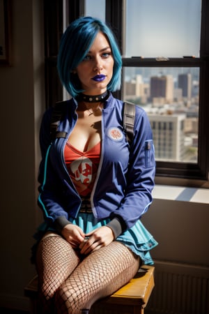  beautiful and aesthetic, high contrast, bokeh:1.2, cinematic lighting, ambient lighting, sidelighting, cinematic shot, gracedecker, two toned dyed blue hair, exercise jacket, frilled skirt, skull symbol,( t-shirt),, studded choker, shy, bored, , punk, realhands, goth, sitting at college, studying, torn fishnet stockings 