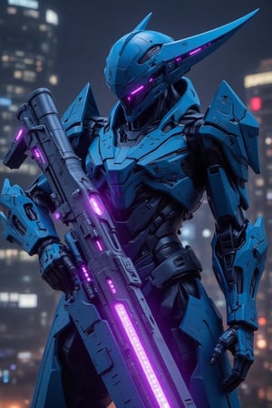 A blue and black colored mecha robot, with an Anubis style helmet and a futuristic faceplate depicting a helmet using a glowing purple holographic rifle in the night city of Kuala Lumpur. With a dynamic pose, discreet view, the nwar leaf on his helmet.