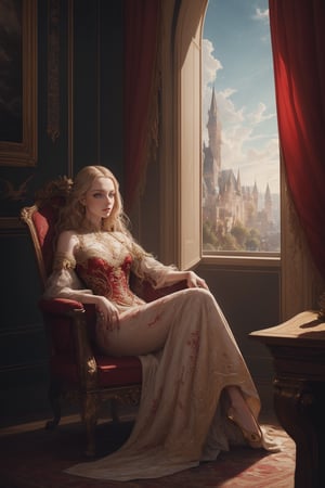 masterpiece, ultra-detailed, highest quality, extremely_detailed_cg, 8k painting,

(full body, looking at viewer),

a portrait of a beautiful royal girl wearing a luxurious and intricate blood red renaissaince gown, extremely sad in expression leaning on a dark stone pillar, holding a bloodstained long sword inside a very detailed dark medieval castle, with candles on the wall, (masterpiece paintings hanging on the walls), gorgeous curtains, detailed floor, luxurious tables, (bloods on the ground), and a (corpse of a noblemen) in front of her. (perfect legs),

realistic hair, realistic skin textures, light blond hair, pale skin, blue eyes, extremely detailed background and scenery, perfect proportions, perfect anatomy, vibrant skies, ((luxurious and intricate chair)),

(atmospheric_volumetric_fogs:1.3), (sunray from a window), cinematic_lighting, dimly lit, (bloom_lights:1.2), (((flying dragon in the skies))),

fantasy artwork oil painting in the style of Archibald Thorburn, painted on a rough canvas textures