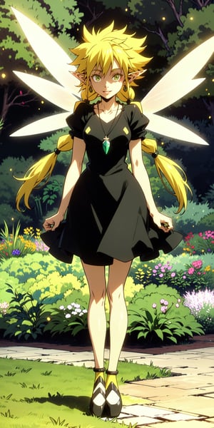1girl, (fullbody shot:1.25), from front, 
anime illustration by Mitz Vah, 
(photorealistic:1.25), 

standing, 
(looking at viewer:1.25), 

(medium breasts:0.9), loli, 
young girl, thin body, 
Green Hair Highlights, Yellow Hair, Long Hair, Twintails, 
Earring, Necklace, String Necklace, Pendant, Wings, black dress, 

happy expression, 
Pointy Ears, Yellow Eyes, 
laughing,

sharp focus, outdoor, (extremely detailed garden scenery:1.3), japanese shrine, tall grasses, flowers, trees, (flying particles, volumetric lighting), 

masterpiece, absurdres, extremely-detailed, best quality, (perfect proportions), finely detailed hair, extremely detailed face, beautiful detailed eyes, detailed lips, finely detailed skin, perfect skin, 

Ramiris