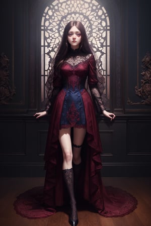 hyperrealism, masterpiece, best quality, extremely-detailed, fantasy, 

((centered, full body from front)), portrait, looking-at-viewer,

full body portrait of (dakota fanning), (pale skin), detailed delicate and ornated long burgundy renaissance costume, lace stockings, (elegant standing pose), ((tears)), visible veins on face,

perfect anatomy, perfect proportions,
authentic skin-textures, detailed red eyes, 

luxurious square dark wood flooring, burgundy and darkwood wallpaper, detailed background,
(((midnight))),  

dimly lit, deep_shadow, cool temperature, dramatic lighting, ((blue lighting)),

(fantasy art) in the style of Darek Zabrocki,