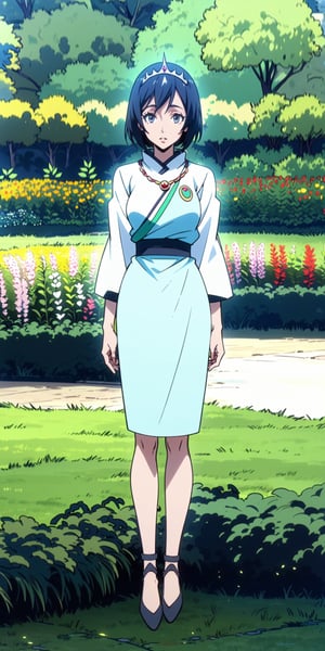 1girl, (fullbody shot:1.25), from front, 
anime illustration by Mitz Vah, 
(photorealistic:1.25), 

standing, elegant poses, 
(looking at viewer:1.25), 

(flat chest:0.9), thin, 
young female, slender body, long legs, 
Short Hair, Black Hair, 
Tiara, long princess dress, armbands, 

elegant expression, 
Purple Eyes,
no smile,

sharp focus, outdoor, (extremely detailed garden scenery:1.3), shrine, tall grasses, flowers, trees, (flying particles, volumetric lighting), 

masterpiece, absurdres, extremely-detailed, best quality, (perfect proportions), finely detailed hair, extremely detailed face, beautiful detailed eyes, detailed lips, finely detailed skin, perfect skin, 

Towa, Towasama, 