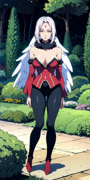 1girl, (fullbody shot:1.25), from front, 
anime illustration by Mitz Vah, 
(photorealistic:1.25), 

standing, sexy poses, 
(looking at viewer:1.25), 

(big breasts:0.8), parted breasts, tall, voluptuous, fair skin, 
mature female, slender body, long legs, thighs, 
White Hair, Shoulder-Length Hair, 
Wings, Absolute Cleavage, (sleveless), red body suit, (cameltoe), 

sleepy expression, bored, 
Yellow Eyes, 
frowning,

sharp focus, outdoor, (extremely detailed garden scenery:1.3), japanese shrine, tall grasses, flowers, trees, (flying particles, volumetric lighting), 

masterpiece, absurdres, extremely-detailed, best quality, (perfect proportions), finely detailed hair, extremely detailed face, beautiful detailed eyes, detailed lips, finely detailed skin, perfect skin, 

Frey