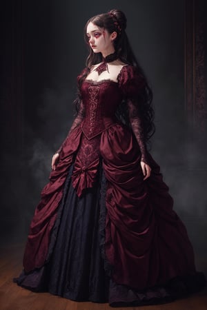 hyperrealism, masterpiece, best quality, extremely-detailed, fantasy, 

(((centered, full body from front))), portrait, looking-at-viewer,

full body portrait of (dakota fanning), (pale skin), (detailed delicate intricate and ornated long burgundy blue renaissance costume), brocade, taffeta, (intricate lace,  lace stockings, lace gloves), (elegant standing pose), (double buns long wavy hair), (((tears))), 

perfect anatomy, perfect proportions,
realistic skin-textures, detailed dark red eyes, 

BREAK

luxurious square dark wood flooring, intricate burgundy and darkwood wallpaper, detailed background,

(((midnight))),  

(dimly lit:1.03), (cool temperature), dramatic_lighting, ((blue lighting)), (volumetric_fog),

((fantasy art)) in the style of Franz Xaver Winterhalter, original style