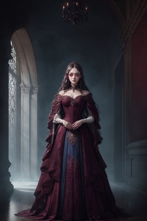 hyperrealism, masterpiece, best quality, extremely-detailed, fantasy, 

(((centered, full body from front))), portrait, (((looking-at-viewer))),

full body portrait of (dakota fanning), (pale skin), (detailed delicate intricate and ornated long burgundy blue renaissance costume), brocade, taffeta, (intricate lace, lace socks), (elegant standing pose), (double buns long wavy hair), (((tears))), 

perfect anatomy, perfect proportions,
realistic skin-textures, detailed dark red eyes, 

BREAK

luxurious square dark wood flooring, intricate burgundy and darkwood wallpaper, detailed background,

(((midnight))),  

(dimly lit:1.03), (cool temperature), dramatic_lighting, ((blue lighting)), (volumetric_fog),

((fantasy art)) in the style of darek Zabrocki