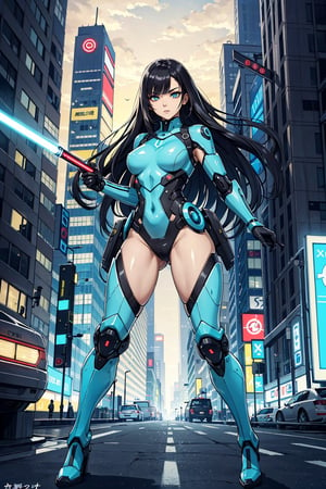 (masterpiece:1.2, best quality), beautiful, a 19yo woman, japanese, mechanical battle suit, black hair, extremely detailed face, beautiful detailed eyes,  serious expression, wide angle, full body, long blunt bangs hair, (perfect anatomy), nice thighs, textured skin, flying, battle stance, cool lighting, holding a cyan lightsaber, cyberpunk cityscapes, 