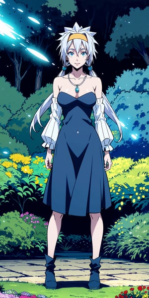 1girl, (fullbody shot:1.25), from front, 
anime illustration by Mitz Vah, 
(photorealistic:1.25), 

standing, 
(looking at viewer:1.25), 

(big breasts:0.75), slender body, 
young female, long legs, 
Grey Hair, Hair Between Eyes, Long Hair, Twintails, Bangs, 
Yellow Hairband, Jewelry, Necklace, strapless long dress, boots, 

happy expression, 
Blue Eyes, 
smiling,

sharp focus, outdoor, (extremely detailed garden scenery:1.3), japanese shrine, tall grasses, flowers, trees, (flying particles, volumetric lighting), 

masterpiece, absurdres, extremely-detailed, best quality, (perfect proportions), finely detailed hair, extremely detailed face, beautiful detailed eyes, detailed lips, finely detailed skin, perfect skin, 

Velzard