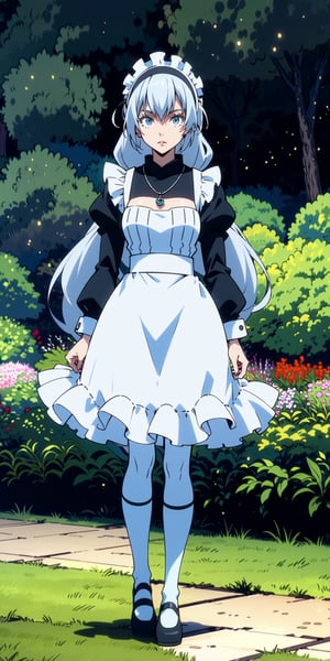 1girl, (fullbody shot:1.25), from front, 
anime illustration by Mitz Vah, 
(photorealistic:1.25), 

standing, 
(looking at viewer:1.25), 

(small breasts:0.85), slender body, 
young female, long legs, 
Grey Hair, gray hair, Very Long Hair,
Hairband, Necklace, maid outfit, frilly socks, lolita shoes, 

serious expression, 
heterochromnia blue eyes, red eyes, 
no smile,

sharp focus, outdoor, (extremely detailed garden scenery:1.3), japanese shrine, tall grasses, flowers, trees, (flying particles, volumetric lighting), 

masterpiece, absurdres, extremely-detailed, best quality, (perfect proportions), finely detailed hair, extremely detailed face, beautiful detailed eyes, detailed lips, finely detailed skin, perfect skin, 

Luminous Valentine