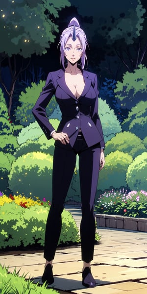 1girl, (fullbody shot:1.25), from front, 
anime illustration by Mitz Vah, 
(photorealistic:1.25), 

standing, sexy poses, hand on hip, 
(looking at viewer:1.25), 

(big breasts:1), tall, athletic body, 
young female, (long legs), 
Purple Hair, Long Hair, Ponytail,
Real Single Horn, business suits, long pants, 

cool expression, 
Purple Eyes, 
slight smile,

sharp focus, outdoor, (extremely detailed garden scenery:1.3), japanese shrine, tall grasses, flowers, trees, (flying particles, volumetric lighting), 

masterpiece, absurdres, extremely-detailed, best quality, (perfect proportions), finely detailed hair, extremely detailed face, beautiful detailed eyes, detailed lips, finely detailed skin, perfect skin, 

Shion