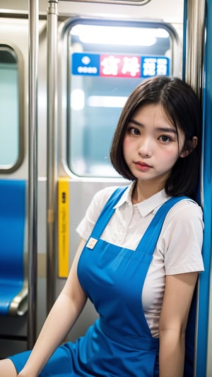 woman, pretty face, inside train,
blue_pinafore,
analog, photo, bokeh, 