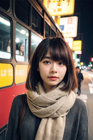 analog, realism, bokeh, vintage bus, hong kong streets, night, street lights, cardigan, scarf, closeup
