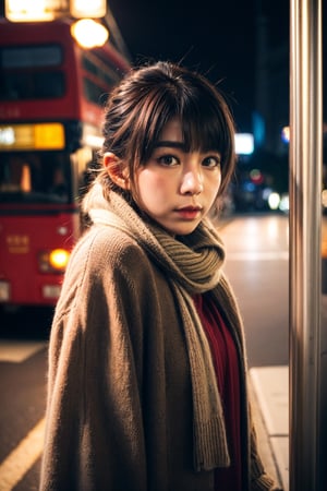 analog, realism, bokeh, vintage bus, hong kong streets, night, street lights, cardigan, scarf, closeup
