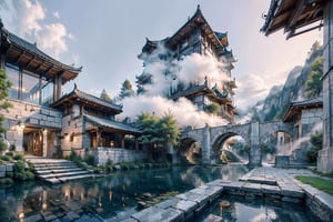 (8k, best quality, top: 1.1​​), (((Ancient Courtyard))), ((Mountain and White Clouds)), built on top of clouds, night, background, flowing water and details elements as below.