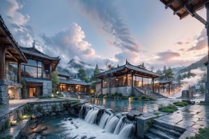 (8k, best quality, top: 1.1​​), (((Ancient Courtyard))), ((Mountain and White Clouds)), built on top of clouds, night, background, flowing water and details elements as below.