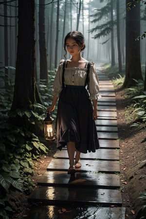 fine art style liebermann max, little girl walking, holding a kerosene lamp in hand on a path in a dark forest, fog, stone path, humidity, half length image (realistic, real life:1.2), (tone mapped:1.2) (masterpiece:1.2) (best quality:1.2) (8k) (hdr) (sharp focus) (intricate details:1.12), (hyperdetailed:1.15)(grainy:0.7) (extremely detailed:1.0), illustration, dark lighting, ((night photography)) turned on lamp