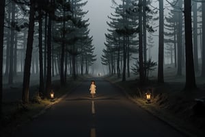 The highest quality, rich details, masterpiece, dark forest, eerie atmosphere, a little girl walking alone on the road, holding a kerosene lamp, the foggy road can't see the end, and there are many corpses and skeletons around.,perfecteyes,e style thriller poster