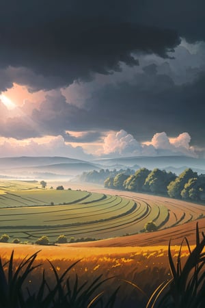 Scenery photo of rural fields, summer, cloudy sky with light rain, (very detailed CG unity 8K wallpaper), best quality, cinematic lighting, detailed background, (very fine and beautiful), super detailed, masterpiece, high res rate, ultra-detailed,