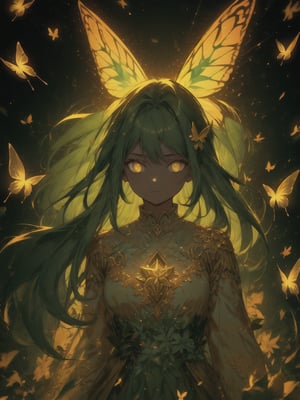 1 fairy girl, ornamented long green hair, bright golden eyes, green leaf style clothes with golden filigree decoration, glittering cosmo style butterfly wings, minimalistic background, r1ge, close-up, center position,	 SILHOUETTE LIGHT PARTICLES