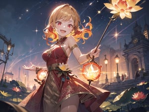 ((1 pyro-juggler girl, long curly red-yellow hair, luminous red eyes, detailed ornamented sparkly red-golden dress, playing with lotus fire flowers, excited happy mood)), fantasy magic world, old town street location::1.2, night time, sky full of starsdetailed light effect, detailed shadow effect, masterpiece quality