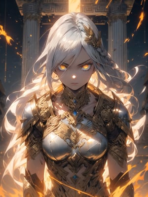 (1 valkyrie warrior girl, solo, long delicated silver hair, bright golden eyes, stunning detailed white armature with golden filigree decoration, impressive strong, proud look, looking straight), walking straight, abandoned destroyed greek temple location, earthquake effect, debri rocks floating, r1ge, close-up upper body