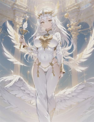 (sexy goddess of angels, perfect body, large breasts, silk-white-clothes, golden-ornamented-clothes, long double-wings::1.1, long silver ornamented hair, golden eyes, golden ornamented crown, luminescent presence) divine temple, taking a walk, falling angel feathers::1.1