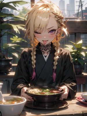 (1 yakuza girl::1.3, short blonde cornrow braids with shaved sides::1.2, bright magenta eyes, punk old style clothes, yakuza tattoos style, crazy character, child behavior, drunk mood, tongue out, one eye closed), taking a selfie::1.4, sitting down, (inisde small japanese restaurant location, small wooden tables and chair, noodles soup on table, small bonsai decoration) night time, masterpiece, insane quality, detailed enviroment location, detailed shadows effect, close-up upper body, yakuza members sitting near, party enviroment