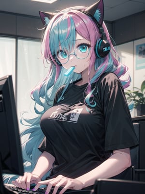 (1 japanese girl, solo, nerd behavior, long curly multicolored hair, pink and cyan hair, focus mood, cyan eyes, oversized black  shirt, glasses, large breasts, cat-headphone) playing pc video games::1.4, sitting on gamer-chair, eating snack, teenager room, posters and neon decoration, plants decoration, masterpiece, detailed shadows effect, detailed neon light effect, close-up upper body