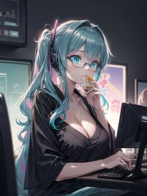 (1 japanese girl, solo, nerd behavior, long curly multicolored hair, pink and cyan hair, focus mood, cyan eyes, oversized black  shirt, cleavage, glasses, large breasts) playing pc video games::1.4, sitting on gamer-chair, eating snack, teenager room, posters and neon decoration, plants decoration, masterpiece, detailed shadows effect, detailed neon light effect, side-view, close-up upper body, big windos background