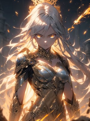 (1 valkyrie warrior girl, solo, long delicated silver hair, bright golden eyes, stunning detailed white armature with golden filigree decoration, impressive strong, proud look, looking straight), walking straight, abandoned destroyed greek temple location, earthquake effect, debri rocks floating, r1ge, close-up upper body