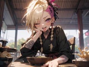 (1 yakuza girl::1.3, short blonde cornrow braids with shaved sides::1.2, bright magenta eyes, punk old style clothes, yakuza tattoos style, crazy character, child behavior, drunk mood, tongue out, one eye closed), taking a selfie, sitting down, (inisde small japanese restaurant location, small wooden tables and chair, noodles soup on table, small bonsai decoration) night time, masterpiece, insane quality, detailed enviroment location, detailed shadows effect, close-up upper body, yakuza people in background, party enviroment