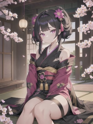 (1 petite girl, beatiful detailed kimono, long balck ornamented hair, magenta eyes) sitting on the knees, looking straight, slipped shoulder pads, japanese traditional room, small cheery blossom, falling petals, front of view, large breasts