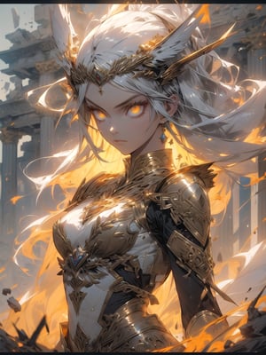 (1 valkyrie warrior girl, solo, long delicated silver hair, bright golden eyes, stunning detailed white armature with golden filigree decoration, impressive strong, proud look, looking straight), walking straight, abandoned destroyed greek temple location, earthquake effect, debri rocks floating, r1ge, close-up upper body