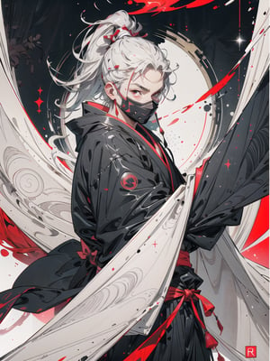 Ultra-rare card style, 1 ninja male, solo, bright red eyes, black ninja clothes, fully covered face, glitter silver perimeter, fully red-white glitter background effect, detailed glittering effect, r1ge, aura background, dark,r1ge