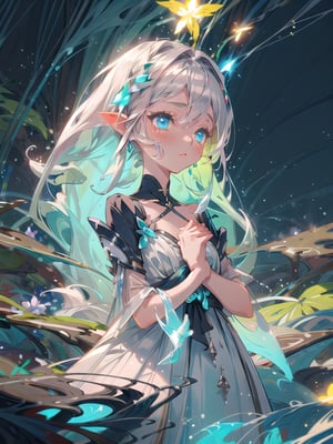 1 enchanting girl, fantasy world, cyan luminous eyes, long silver starry hair, magical gown, bioluminescent flora. luminos firefly aura, tranquil waterfall, close-up upper body
