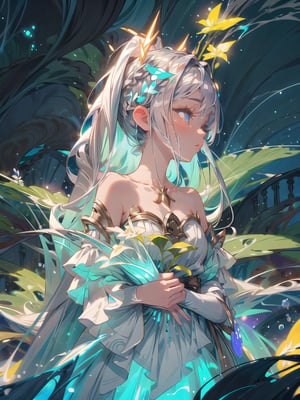 1 enchanting girl, fantasy world, cyan luminous eyes, long silver starry hair, magical gown, bioluminescent flora. luminos firefly aura, tranquil waterfall, close-up upper body, side-view shot
