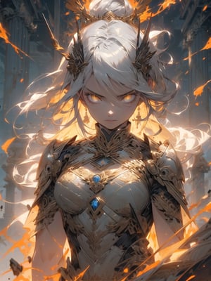 (1 valkyrie warrior girl, solo, long delicated silver hair, bright golden eyes, stunning detailed white armature with golden filigree decoration, impressive strong, proud look, looking straight), walking straight, abandoned destroyed greek temple location, earthquake effect, debri rocks floating, r1ge, close-up upper body