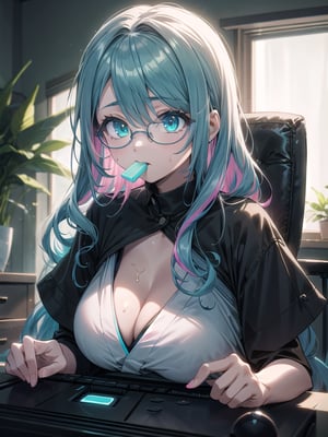 (1 japanese girl, solo, nerd behavior, long curly multicolored hair, pink and cyan hair, focus mood, cyan eyes, oversized black  shirt, cleavage, glasses, large breasts) playing pc video games::1.4, sitting on gamer-chair, eating snack, teenager room, posters and neon decoration, plants decoration, masterpiece, detailed shadows effect, detailed neon light effect, bright room, side-view, close-up upper body, big window background with old town outside