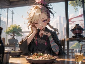 (1 yakuza girl::1.3, short blonde cornrow braids with shaved sides::1.2, bright magenta eyes, punk old style clothes, yakuza tattoos style, crazy character, child behavior, drunk mood, tongue out, one eye closed), sitting down, (inisde small japanese restaurant location, small wooden tables and chair, noodles soup on table, small bonsai decoration) night sky, masterpiece, insane quality, detailed enviroment location, detailed shadows effect, close-up