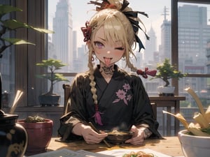 (1 yakuza girl::1.3, short blonde cornrow braids with shaved sides::1.2, bright magenta eyes, punk old style clothes, yakuza tattoos style, crazy character, child behavior, drunk mood, tongue out, one eye closed), eating noodles, sitting down, (inisde small japanese restaurant location, small wooden tables and chair, noodles soup on table, small bonsai decoration) night sky, masterpiece, insane quality, detailed enviroment location, detailed shadows effect, close-up upper body, yakuza people in background, party moment