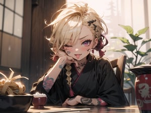 (1 yakuza girl::1.3, short blonde cornrow braids with shaved sides::1.2, bright magenta eyes, punk old style clothes, yakuza tattoos style, crazy character, child behavior, drunk mood, tongue out, one eye closed), drinking sake, sitting down, (inisde small japanese restaurant location, small wooden tables and chair, noodles soup on table, small bonsai decoration) night time, masterpiece, insane quality, detailed enviroment location, detailed shadows effect, close-up upper body, yakuza people in background, party enviroment